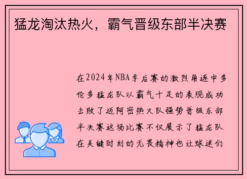 猛龙淘汰热火，霸气晋级东部半决赛