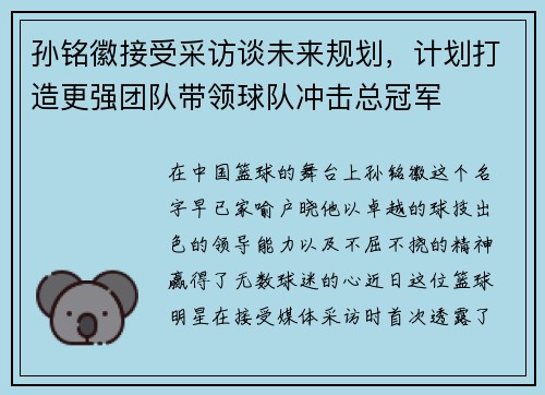 孙铭徽接受采访谈未来规划，计划打造更强团队带领球队冲击总冠军